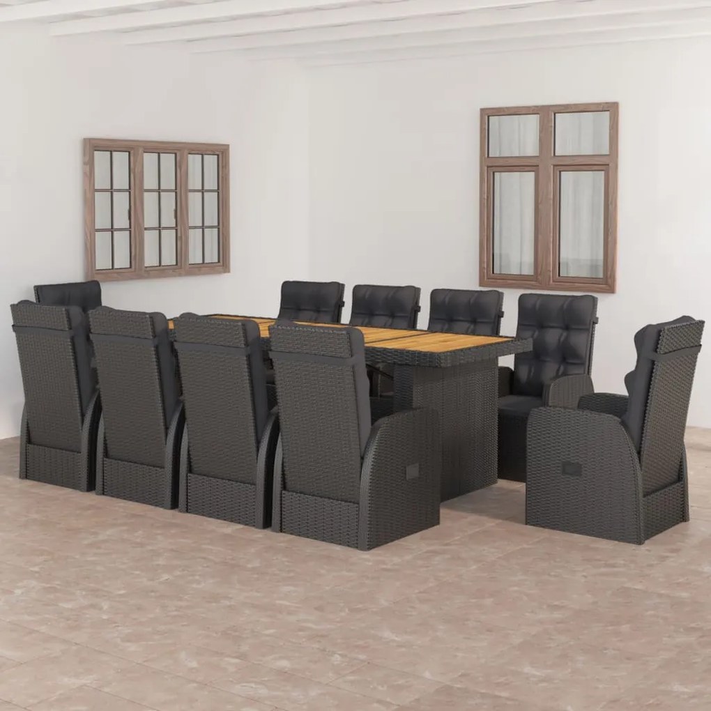 vidaXL 11 pcs conjunto jantar exterior com almofadões vime PE preto