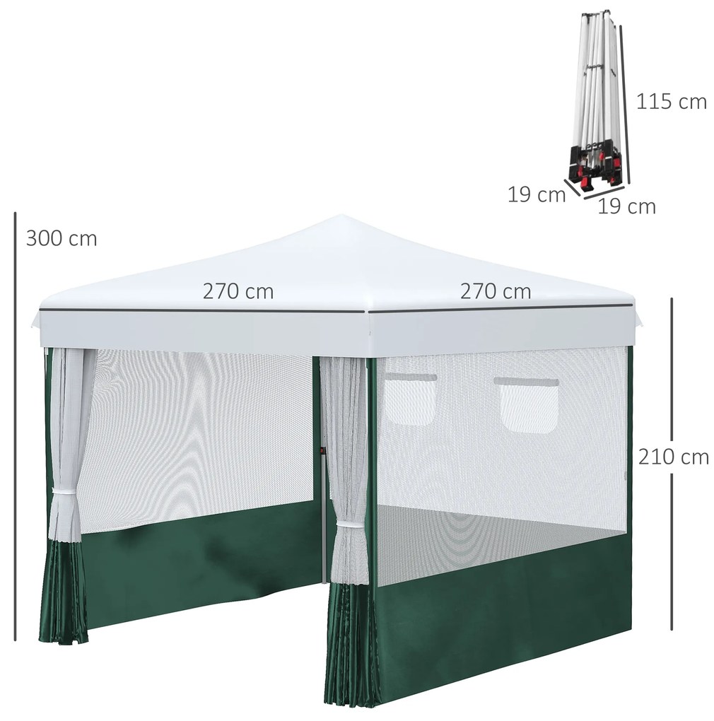 Outsunny Tenda Dobrável 2,7x2,7cm Tenda de Jardim com Proteção UV30 Altura Ajustável em 3 Níveis 2 Janelas e Bolsa de Transporte para Pátio Varanda Branco e Verde