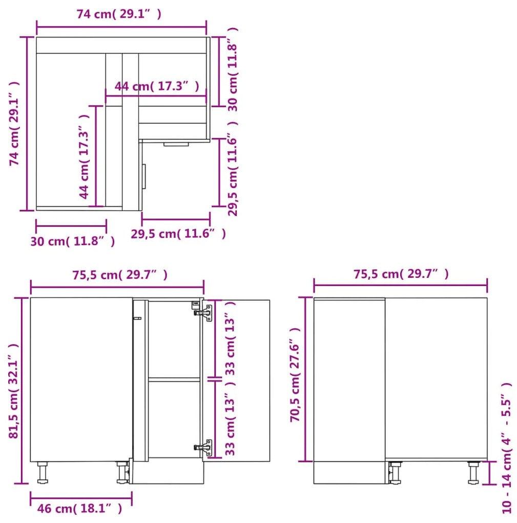 Armário inferior de canto 75,5x75,5x80,5cm contraplacado branco