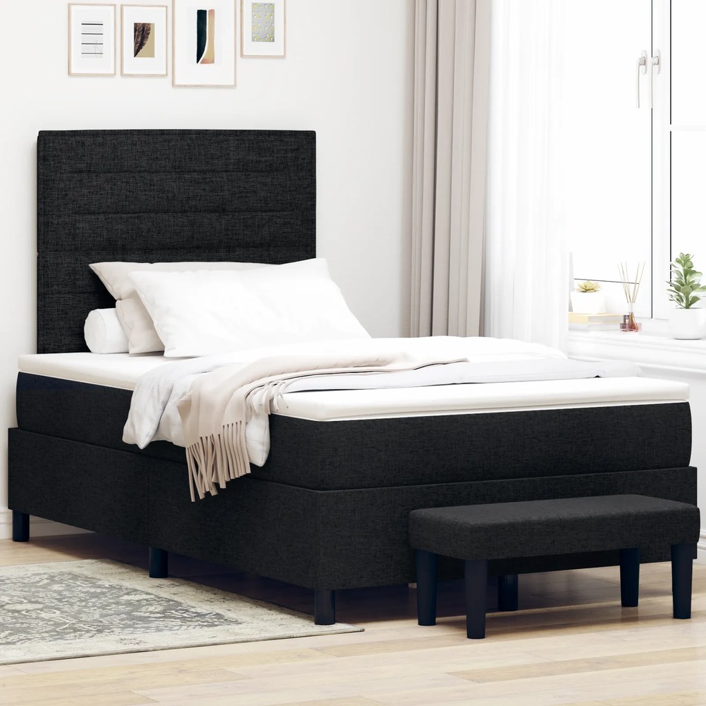 Cama com Box Spring com Colchão e Banco Preto 120x190 cm Tecido