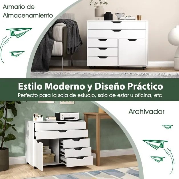 Cómoda de 5 gavetas com porta 5 rodas Armário de arquivo Suporte para impressora Armário de escritório 77,5 x 40 x 64 cm branco