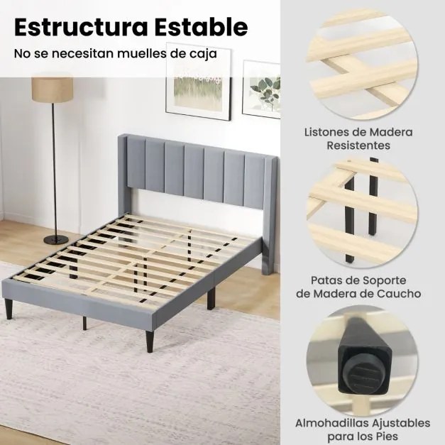 Estrutura de cama 211 x 155 x 105 cm com cabeceira estofada (COLCHÃO NÃO INCLUIDO) e estrado de ripas de madeira Cinza