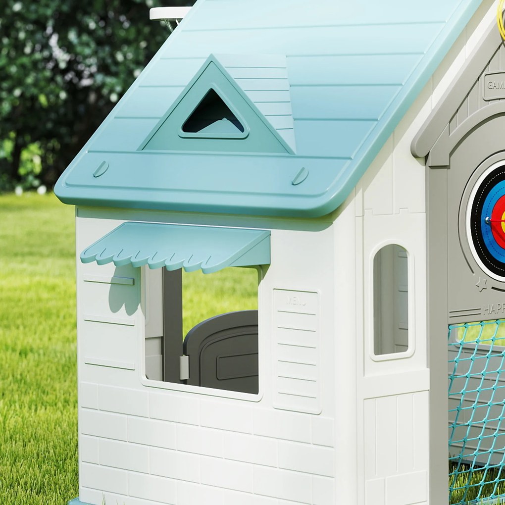 Casa de Brincar para Crianças 5 em 1 Casa de Jardim com Lançamento de Anéis Basquetebol Futebol Dardos 132x118x124 cm Bege, verde, cinzento