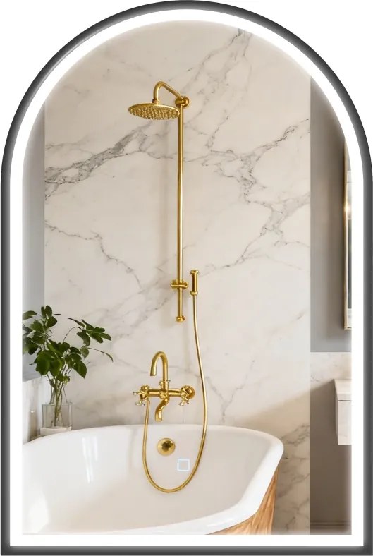 Espelho de Casa de Banho com Luz 60x90 cm  Arqueado 3 Cores de Luz Brilho Regulável Função Antiembaçiamento Preto