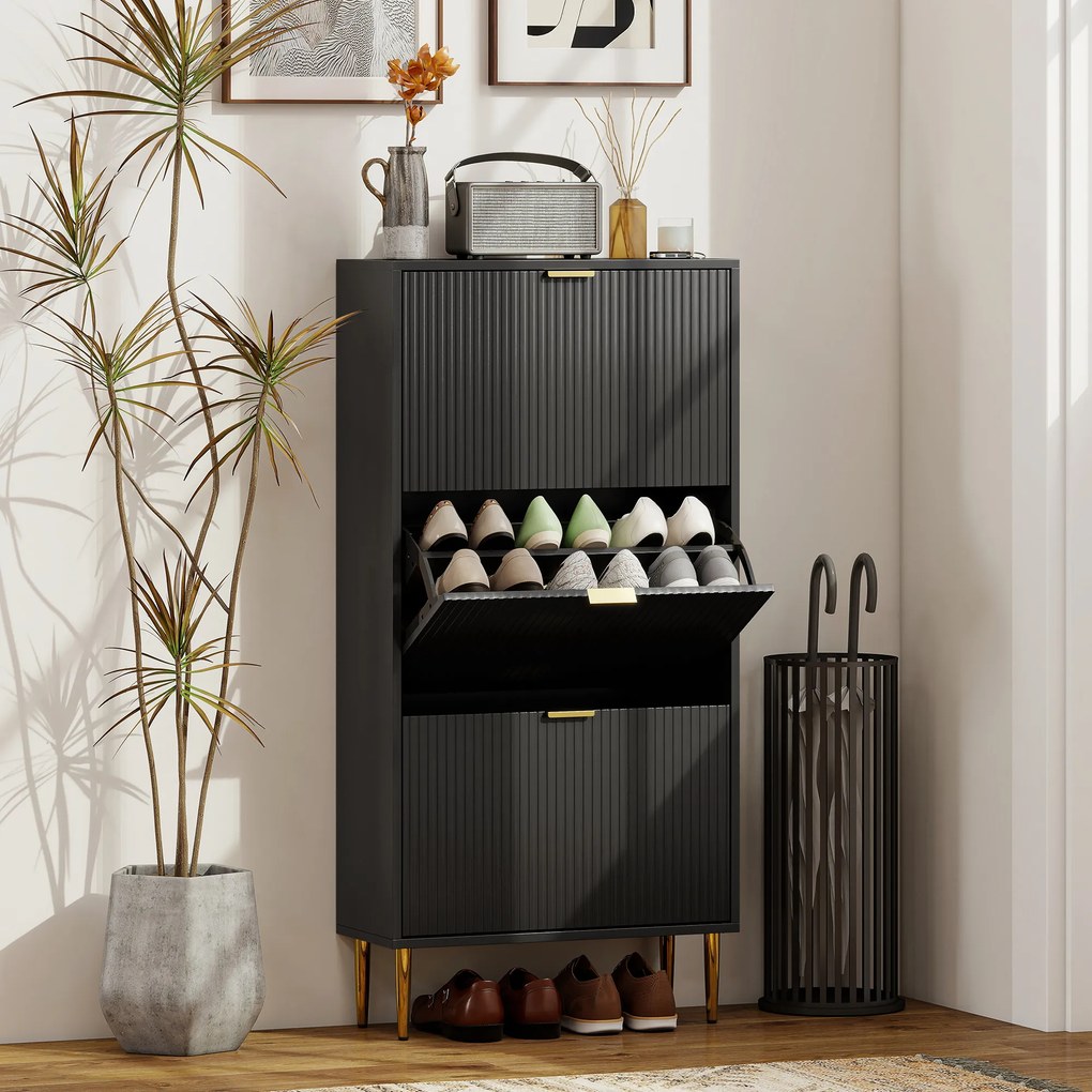 Sapateira com capacidade para 18 pares 60 x 24 x 122,5 cm, com 3 gavetas rebatíveis, portas caneladas e prateleiras ajustáveis, preto