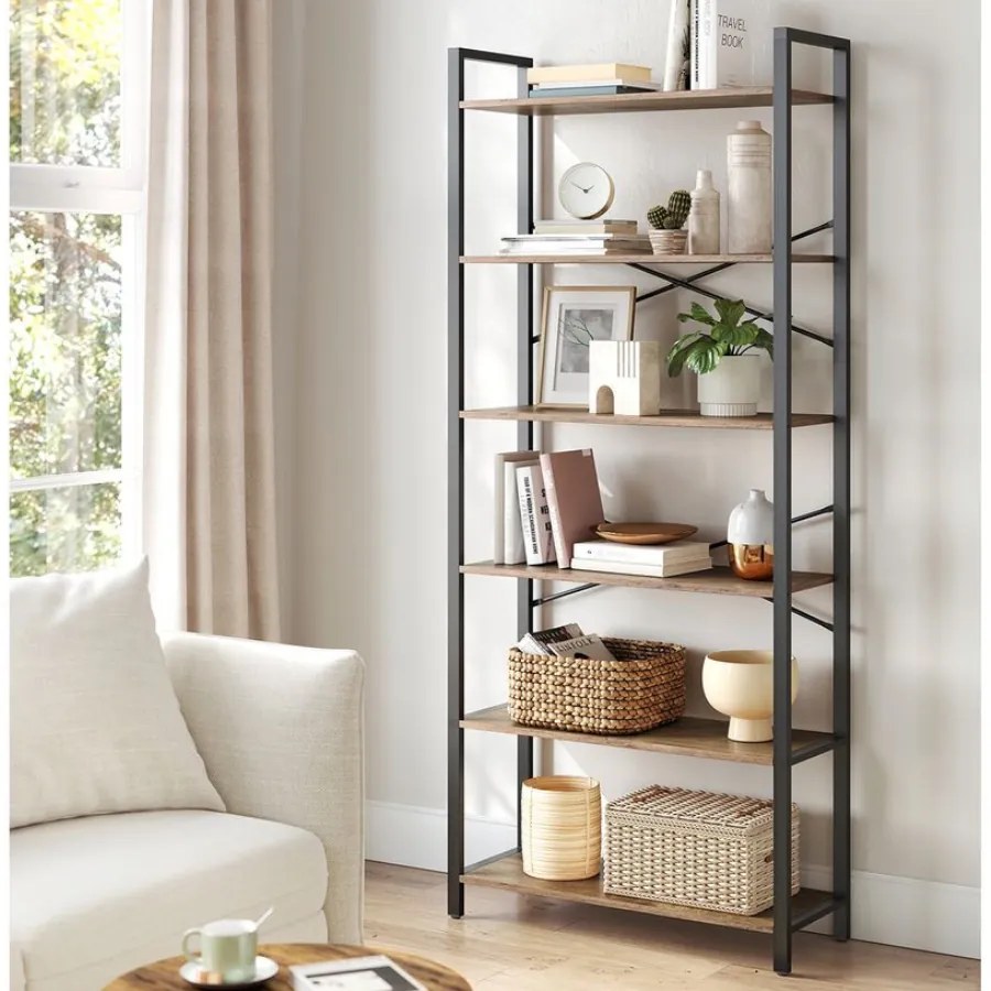 Estante para livros com 6 prateleiras, 30 x 80 x 186 cm, cor nogueira escura-preto