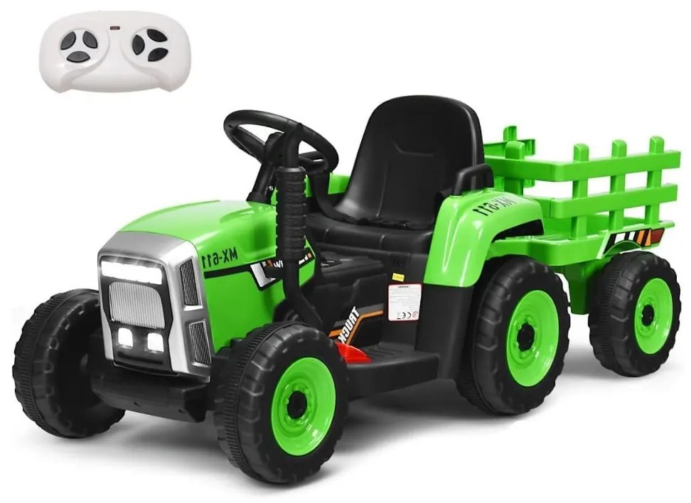 Trator elétrico para crianças 12V com reboque removível e controle remoto com 3 velocidades/luz/música para 3+ anos Carga 30 kg Verde