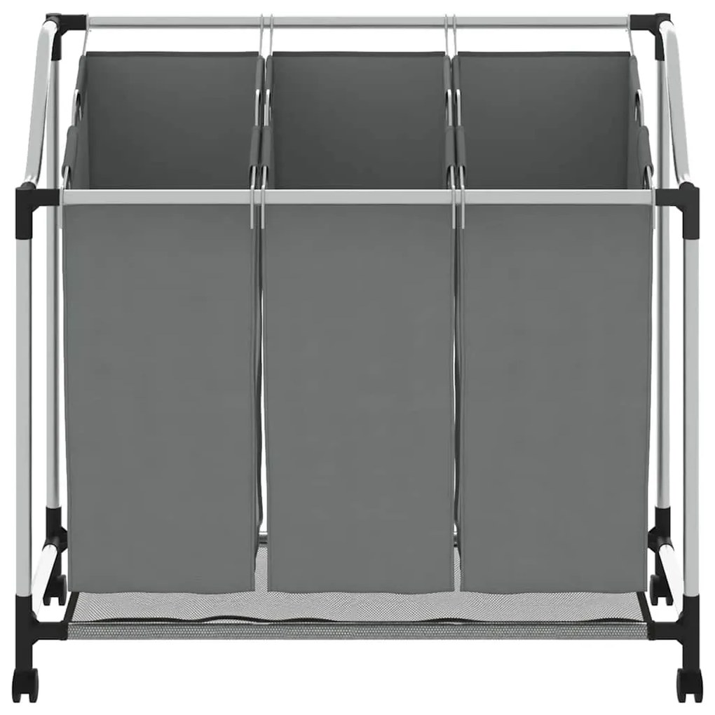Cesto para roupa suja com rodas 3 compartimentos cinzento