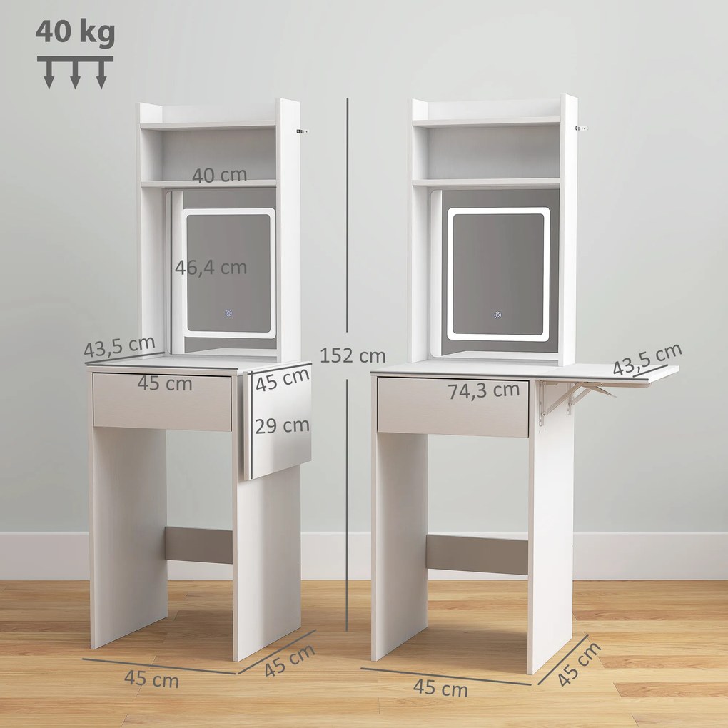 Toucador de Maquilhagem com Luzes LED de Cor Ajustável e Espelho Tocador com Lateral Rebatível Gaveta 45x45x152 cm Branco