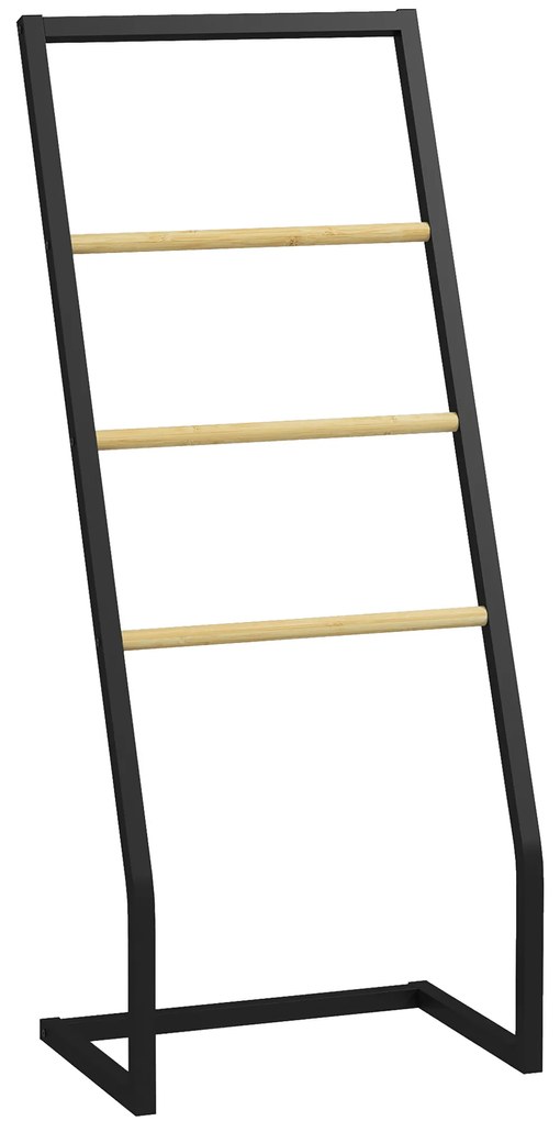 HOMCOM Toalheiro de Pé para Casa de Banho com 4 Barras em Bambu e Aço 40,5x28x98 cm Preto e Madeira | Aosom Portugal