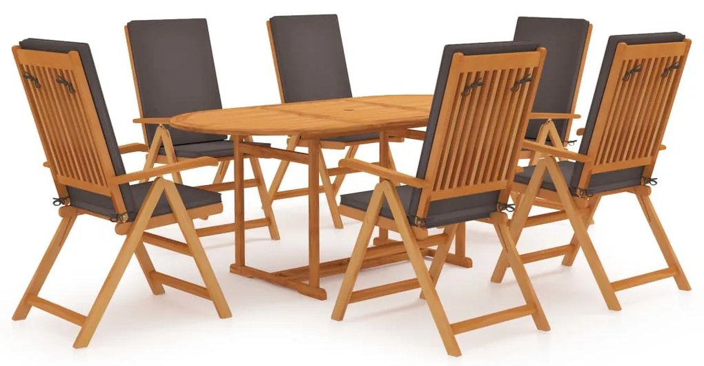 3059555 vidaXL 7 pcs conjunto jantar jardim + almofadões cinzentos teca maciça