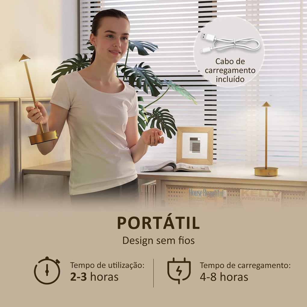 Conjunto de 2 Candeeiros de Mesa Recarregáveis por USB Reguláveis com Controlo Táctil 3000K/4500K/6500K Ø10x30 cm Dourado