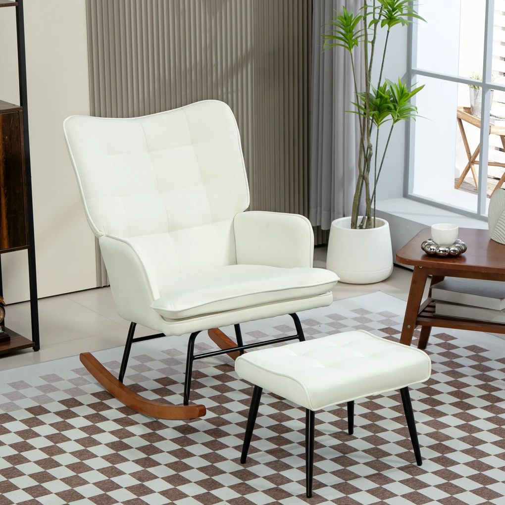 Conjunto de Poltrona Baloiço com Apoio para os Pés Poltrona Relax com Almofada Acolchoada e Anti-Tombo 64x89x90 cm Bege