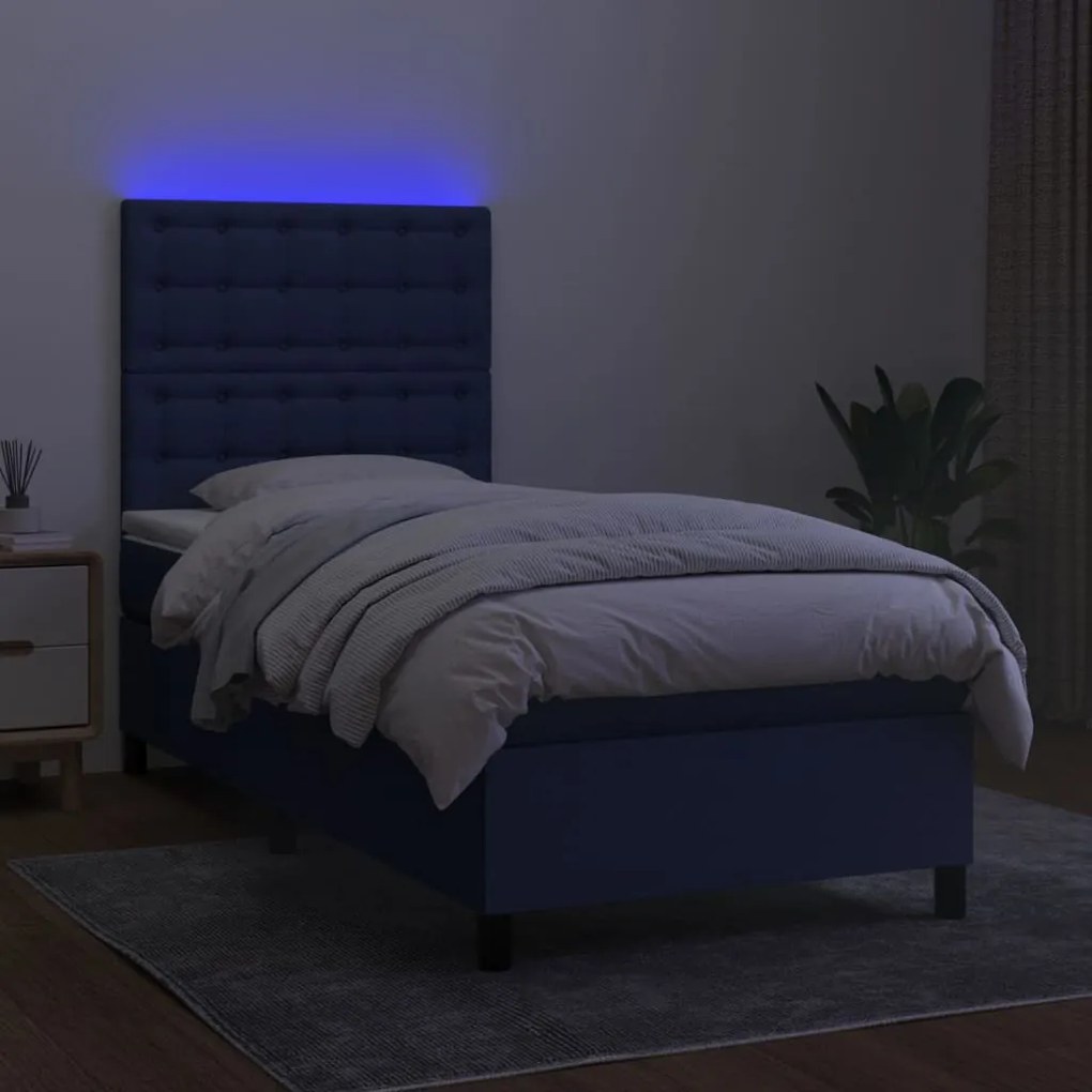 Cama box spring c/ colchão e LED 100x200 cm tecido azul