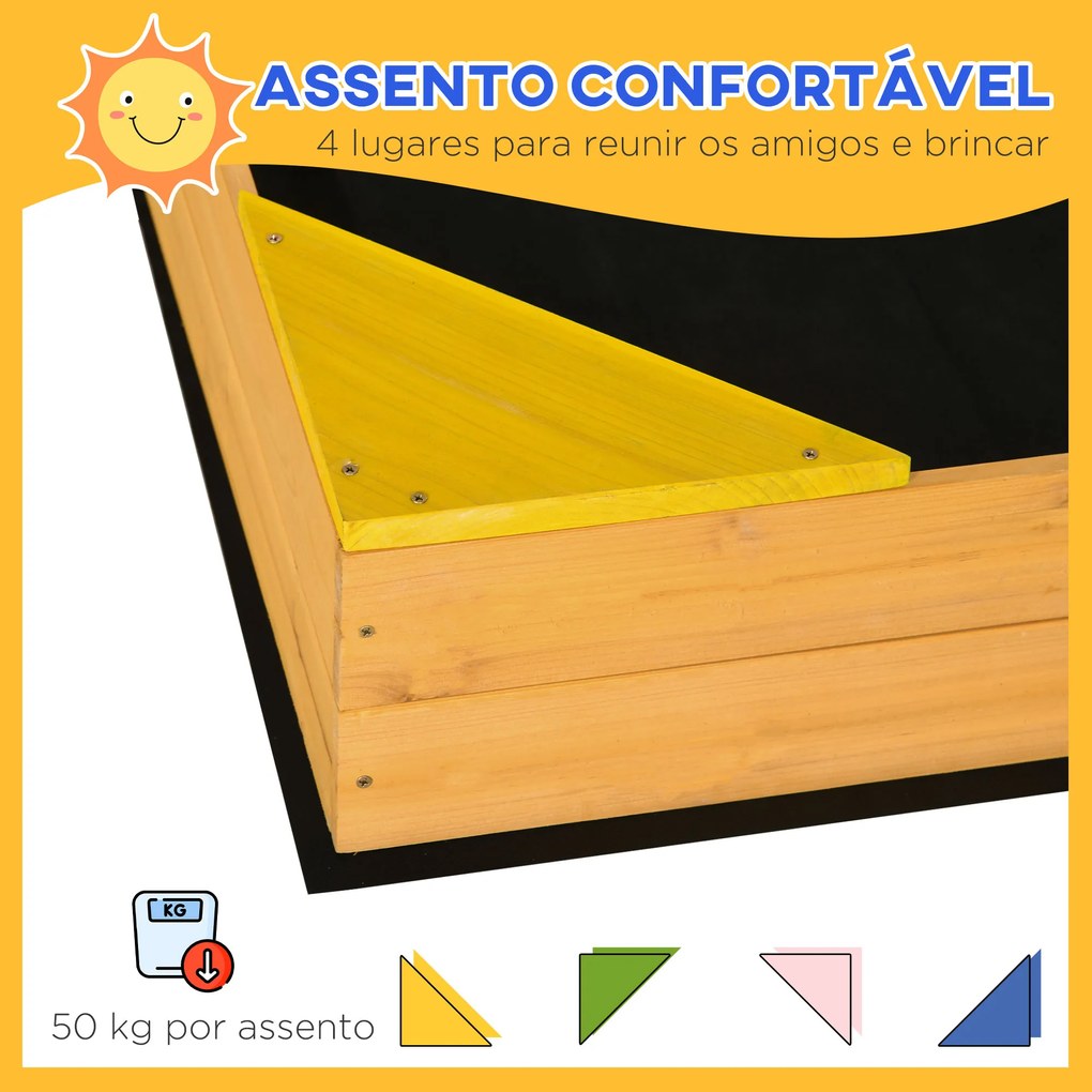 Outsunny Caixa de Areia de Madeira Caixa de Areia para Crianças de 3-8 Anos com Tecido não Tecido e 4 Assentos para jardim Pátio Varanda 109x109x19,8 cm Madeira