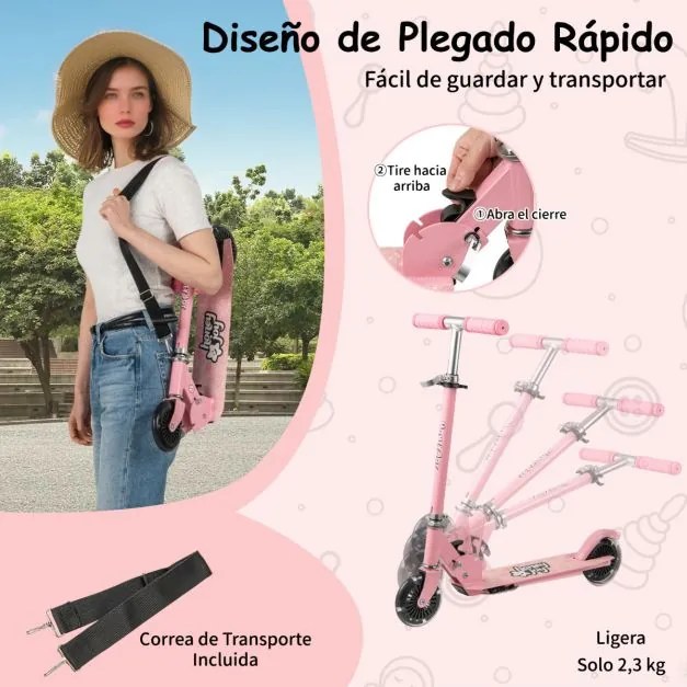 Trotinete dobrável para crianças com 2 rodas intermitentes Guiador ajustável Sistema de travão traseiro com apoios para os pés para crianças a partir
