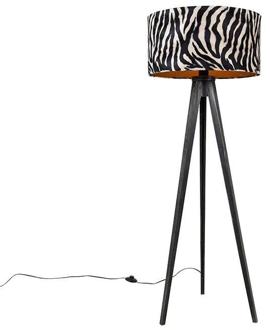 Candeeiro de pé tripé preto com abajur zebra 50 cm - Tripod Classic Moderno
