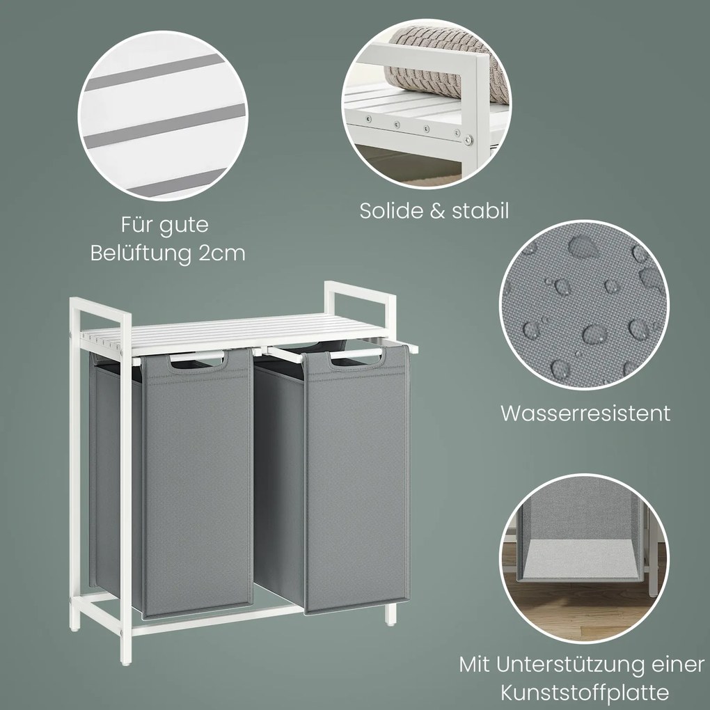 Cesto para roupa suja com 2 compartimentos e uma prateleira 73 x 33 x 72 cm branco + cinza claro