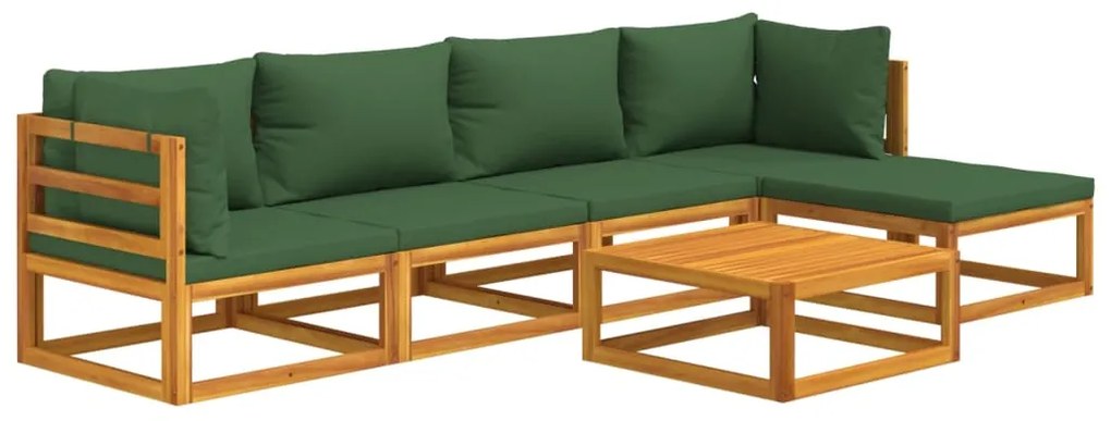 6 pcs conj. lounge jardim madeira c/almofadões verdes