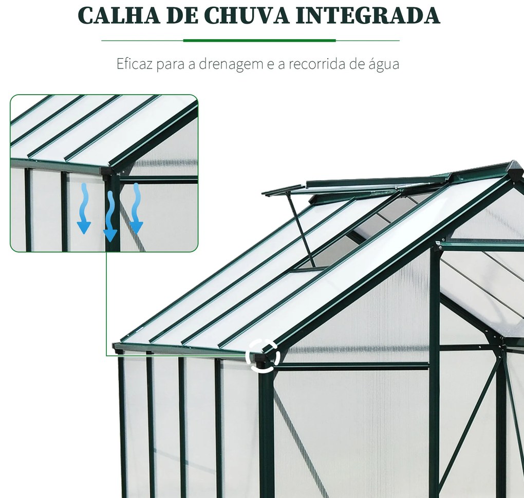 Outsunny Estufa de Jardim 2x2,5m de Policarbonato e Alumínio Estufa com Clarabóia Proteção UV 30 e Base 4,79 m² para Vasos Cultivos de Plantas e Flores Transparente