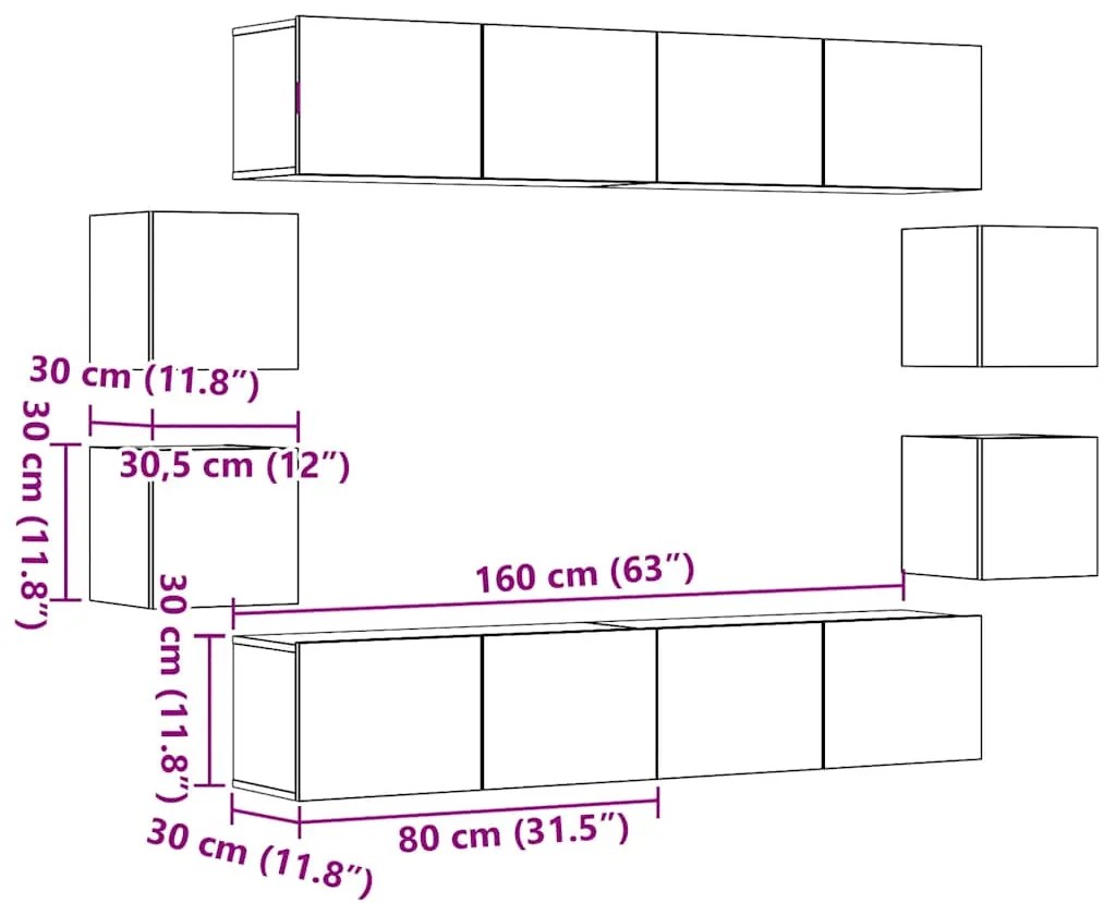 Conjunto de armário TV parede 8 pcs madeira carvalho artisiano
