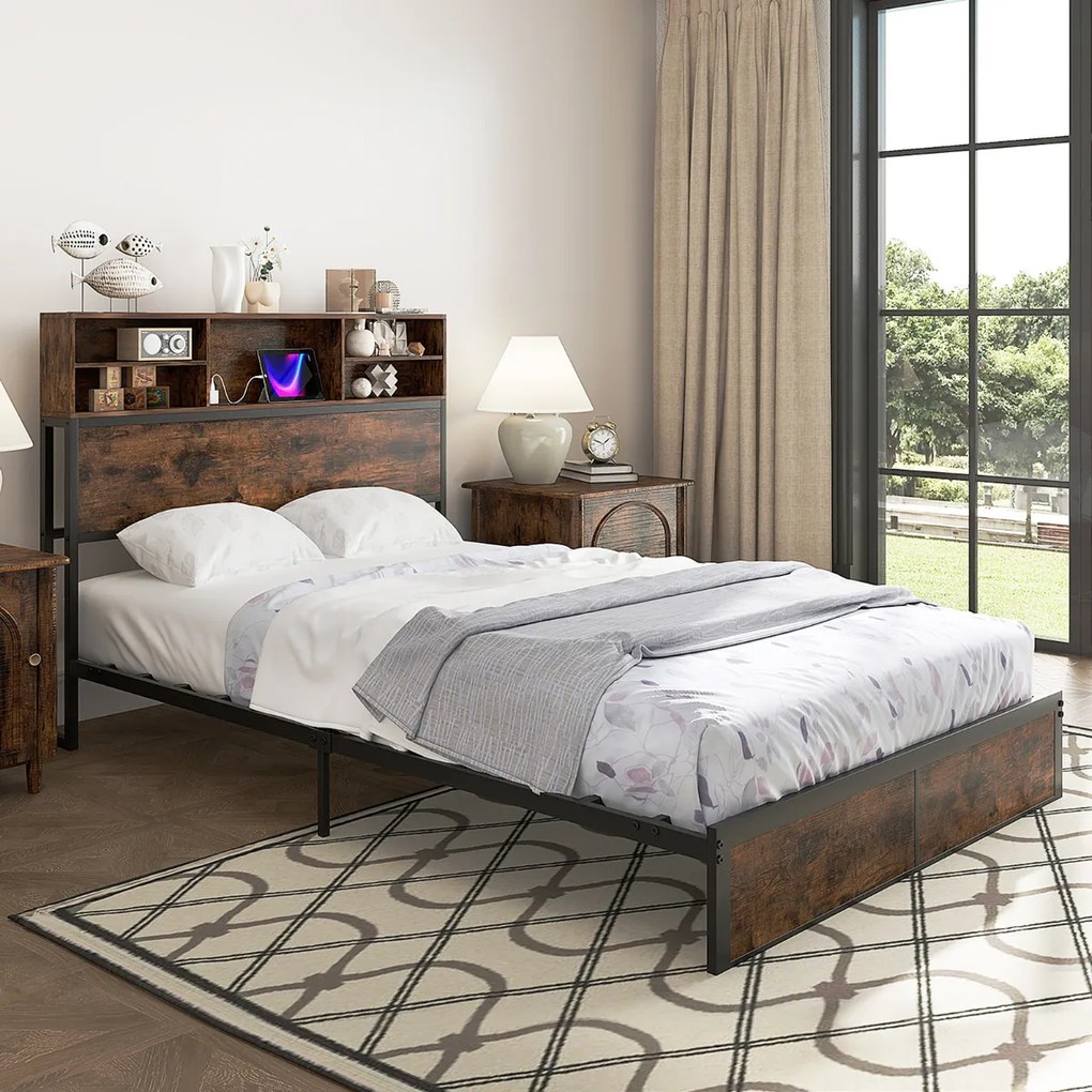 Cama de casal com estação de carregamento, estrutura de cama metálica com cabeceira e espaço de arrumação 200 x 140 cm (colchão não incluído)
