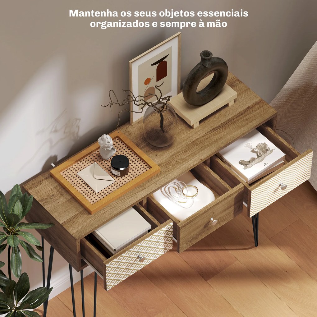 Mesa Consola com 3 Gavetas Consola Estreita para Entrada com Pés de Aço 90x30x75 cm Madeira