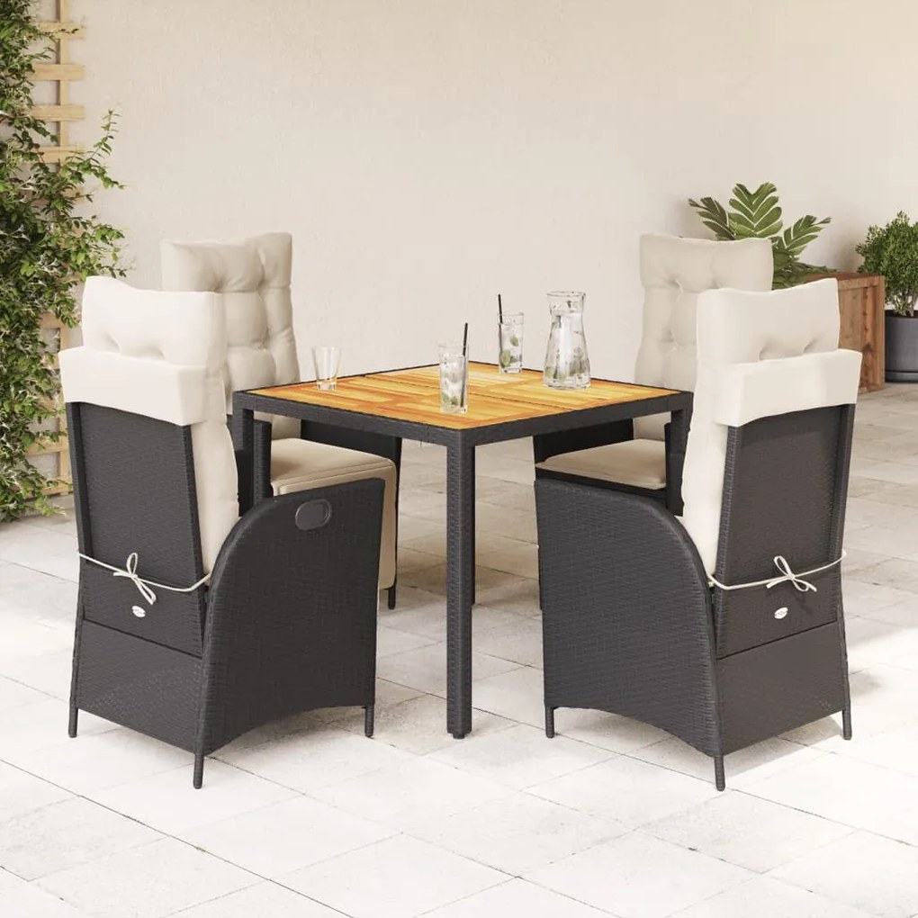 5 pcs conjunto de jantar p/ jardim c/ almofadões vime PE preto