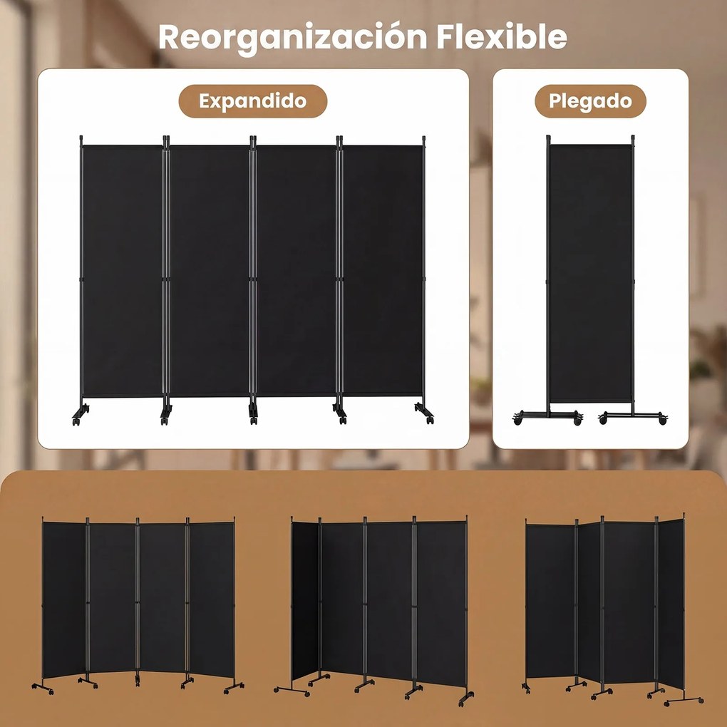 Biombo Separador de Espaço Dobrável, 221 x 35,5 x 173 cm, 4 Painéis com Rodas Bloqueáveis, Preto
