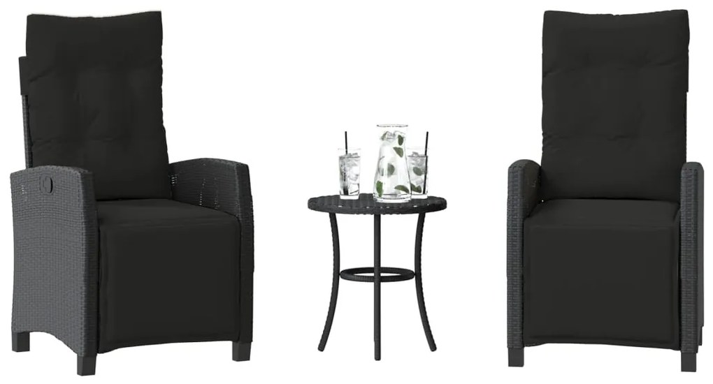 vidaXL 3 pcs conjunto de bistrô com almofadões vime PE preto