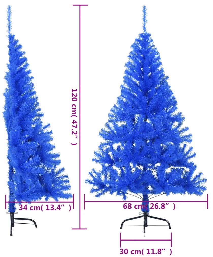 Meia árvore de Natal artificial com suporte 120 cm PVC azul