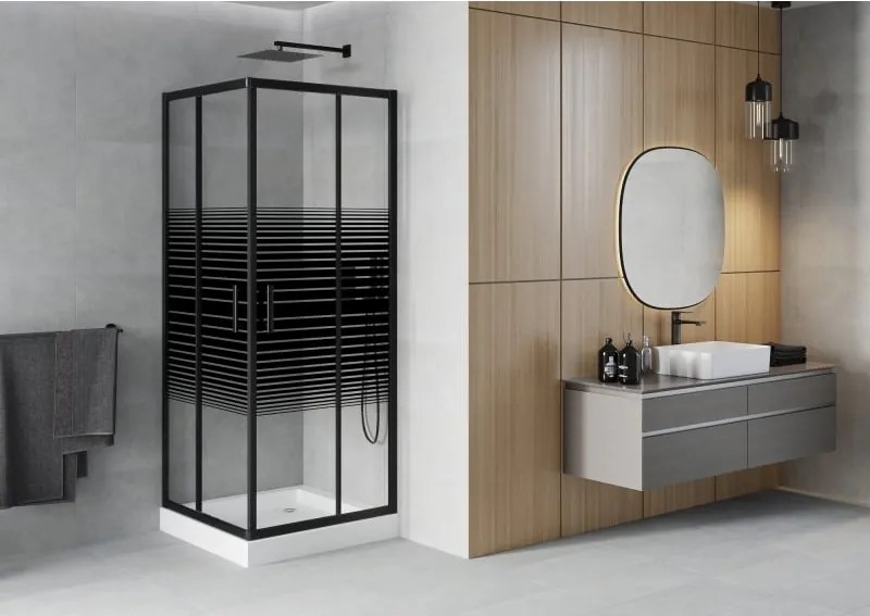 Mexen Rio cabine de duche quadrada 80 x 80 cm, riscas pretas, preto + base de duche, branco - 860-080-080-70-20-4510