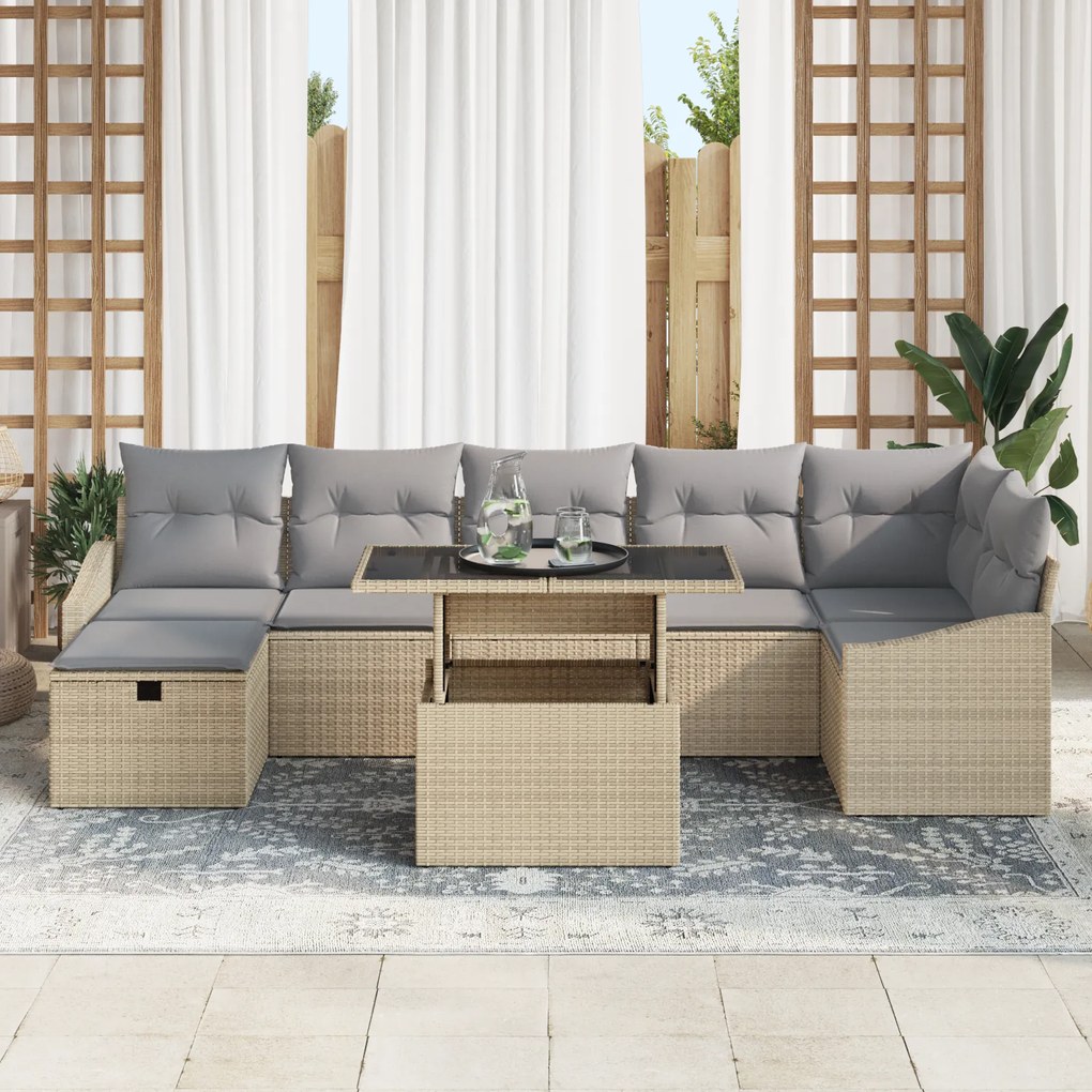 Conjunto de Sofá de Jardim de 8 Peças com Almofadas Bege Rattan Poliés