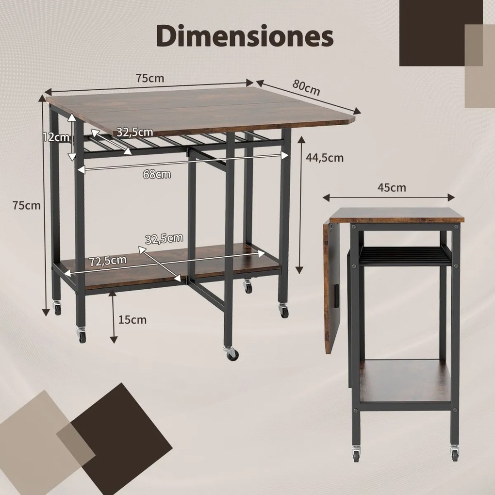 Mesa de jantar 80 x 75 x 75 cmdobrável e extensível com rodas, tampo rebatível, suporte para garrafas e estante de arrumação para espaços reduzidos, C