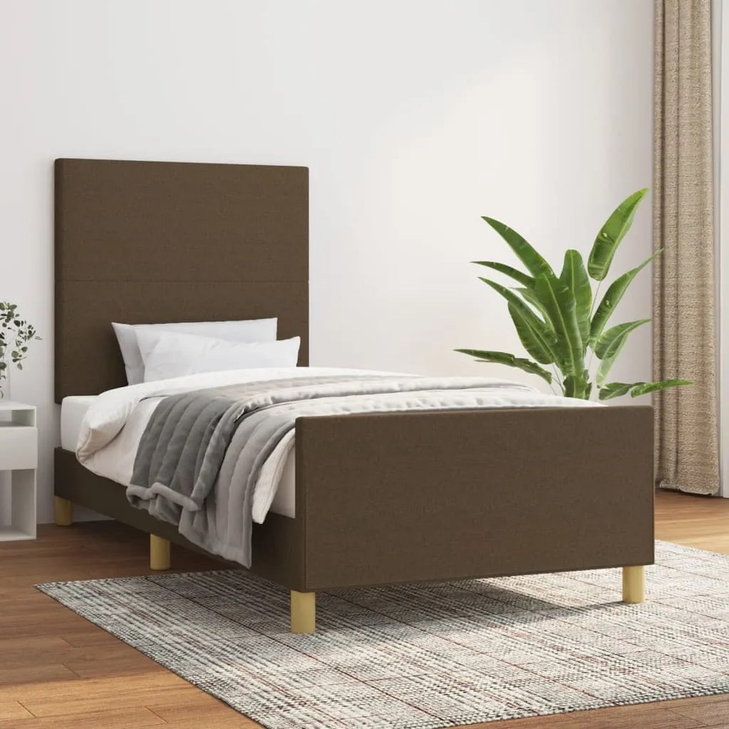 Estrutura de cama c/ cabeceira 90x190 cm tecido castanho-escuro