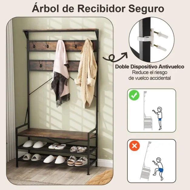 Bengaleiro entrada com Banco para sapatos com Estante 11 Ganchos Estrutura metálica 102 x 40 x 184 cm Castanho