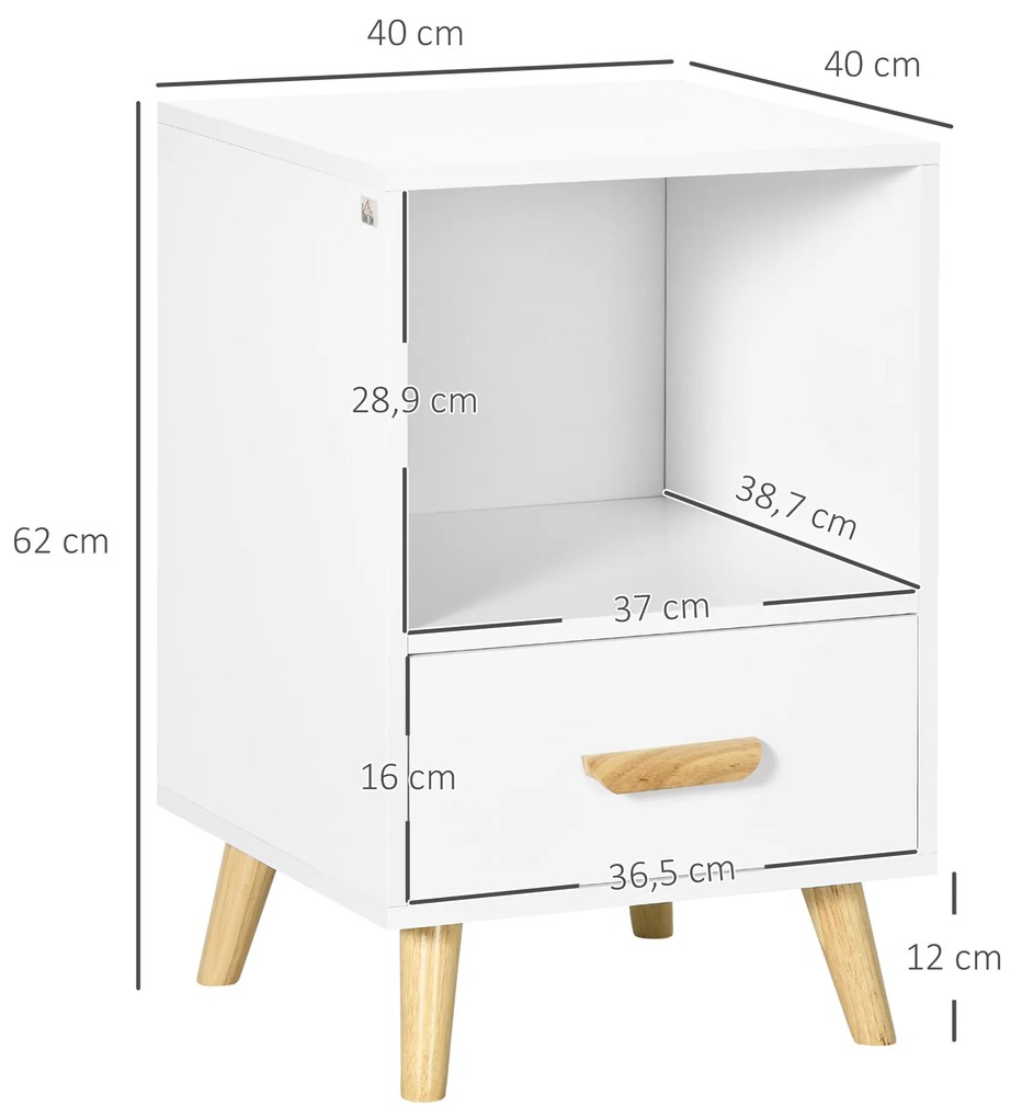 Mesa de Cabeceira Mesa Auxiliar Moderna com 1 Gaveta e Compartimento de Armazenamento para Dormitório Sala de Estar 40x40x62cm Branco e Madeira