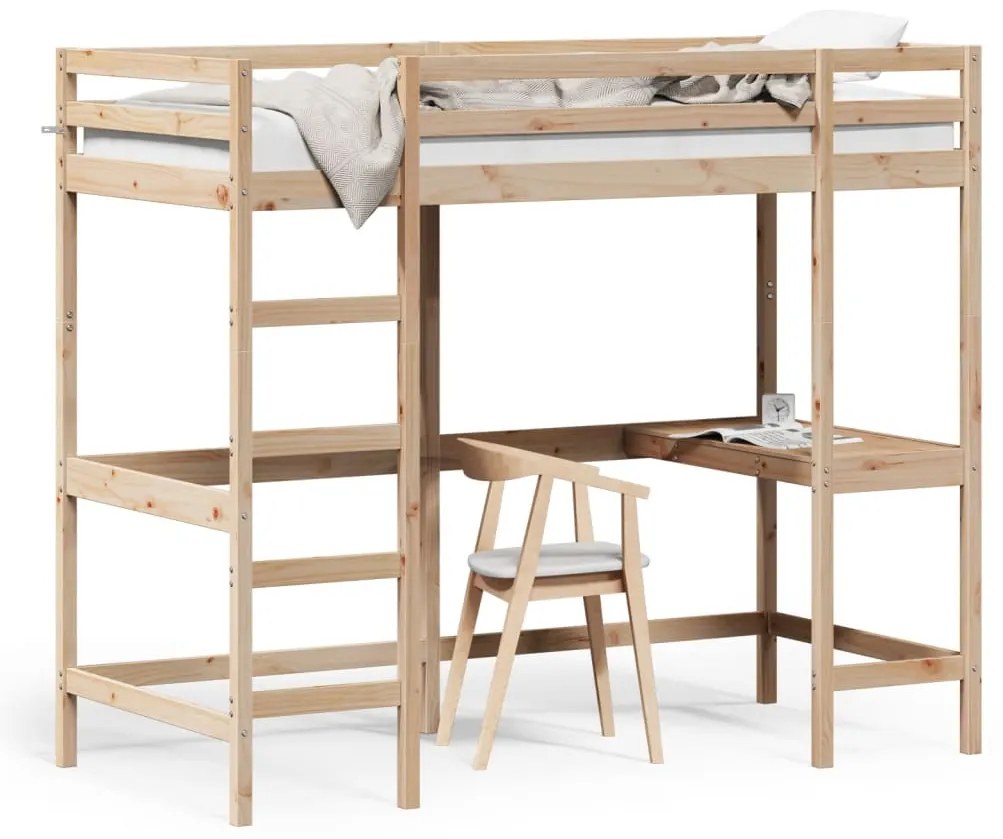 vidaXL Cama alta com secretária 90x190 cm madeira de pinho maciça
