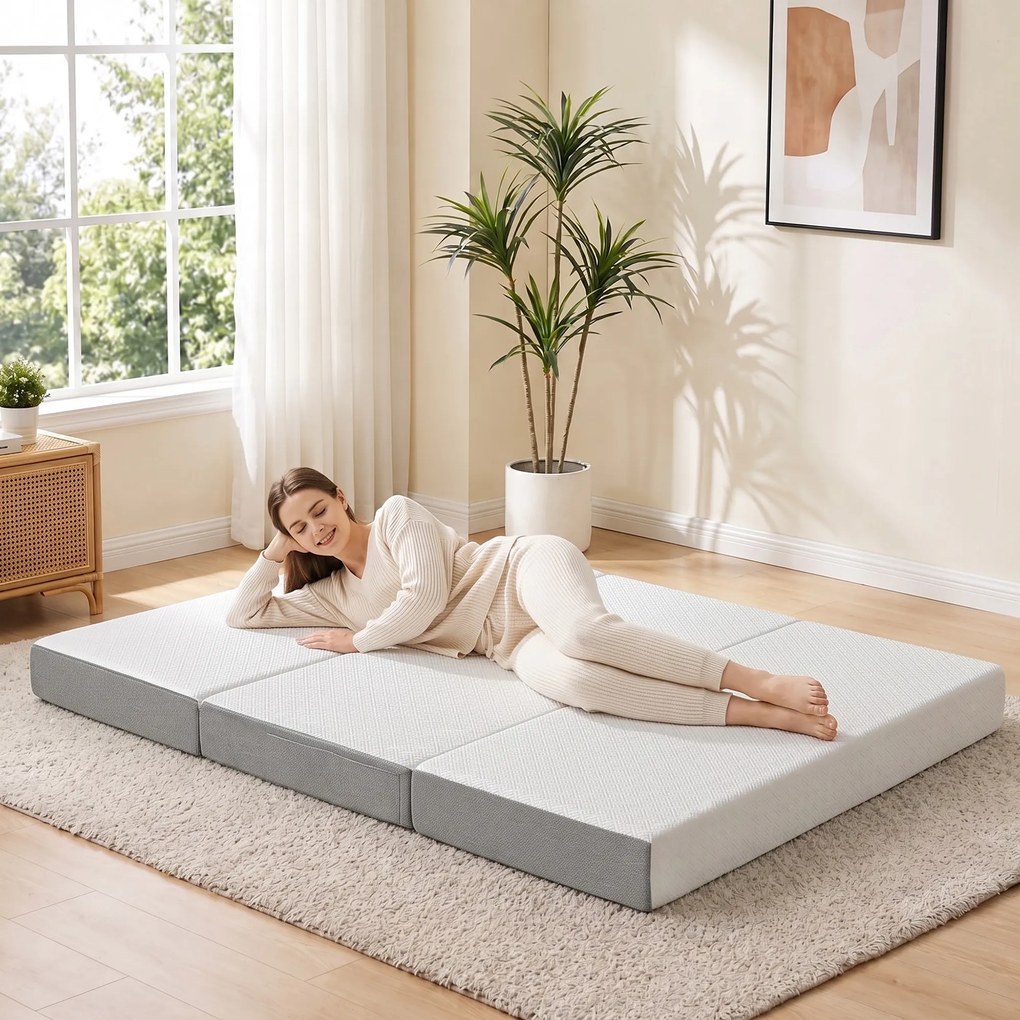 Colchão dobrável em 3 partes, 140 x 190 x 15 cm, colchão auxiliar de espuma com memória de forma e gel, branco