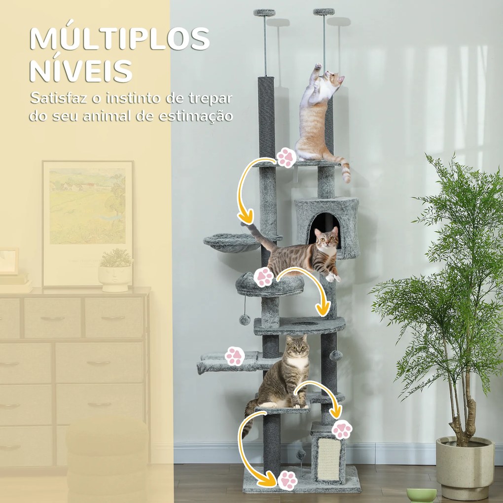 Arranhador para Gatos de Solo ao Teto com Altura Ajustável Rampa e Bolas de Brincar 60x48x225-255 cm Cinza