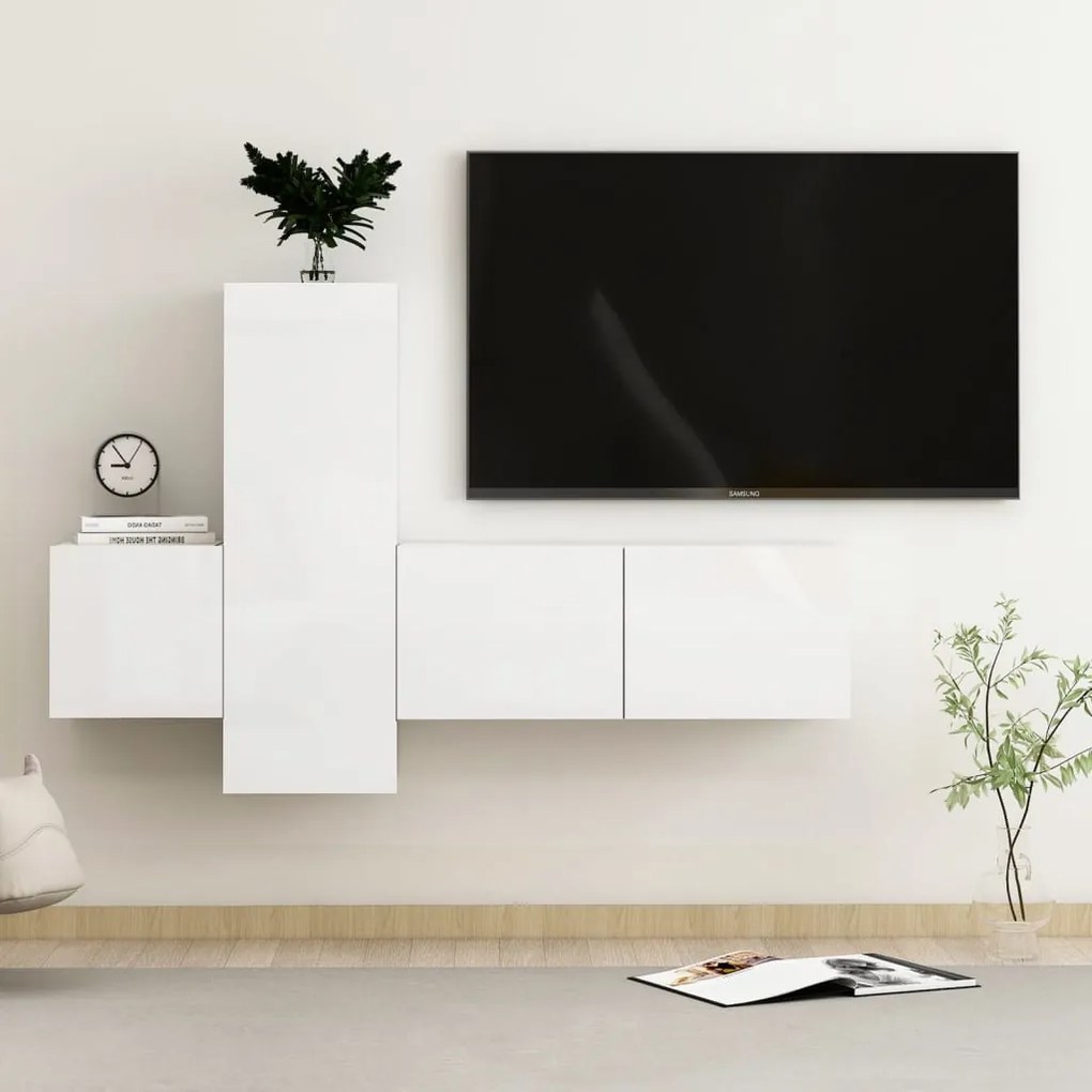 vidaXL 3 pcs conjunto móveis de TV derivados madeira branco brilhante