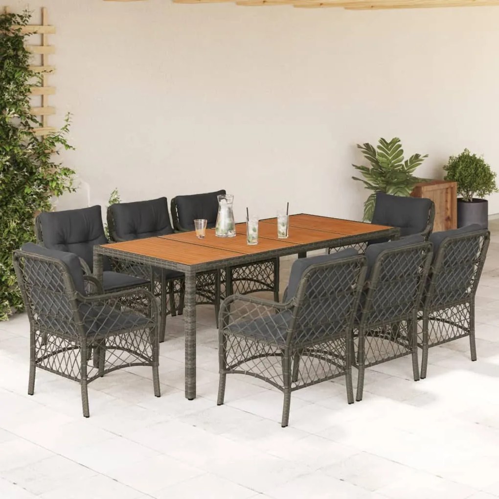 vidaXL 9 pcs conjunto de jantar p/ jardim c/ almofadões vime PE cinza