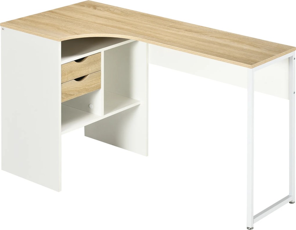 Secretária de canto com 2 gavetas, 120 x 60 cm, secretária em L com 3 compartimentos abertos, secretária para computador, ideal para estudar, trabalha
