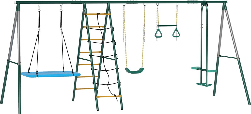 AIYAPLAY Estrutura de baloiço 5-em-1 com baloiço-ninho ajustável argolas de ginástica banco duplo estrutura de escalada para 3-8 anos 440x175x203 cm | Aosom Portugal