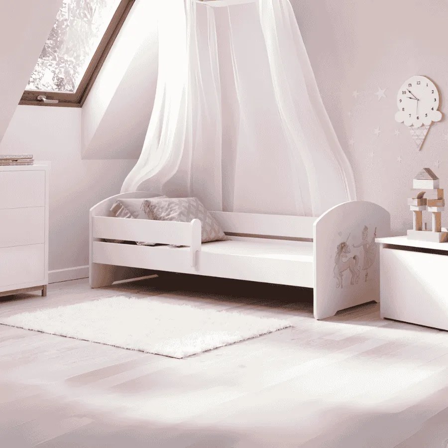 Cama infantil LUK unicórnio e princesa 160x80 branca com grade - colchão e estrado incluído