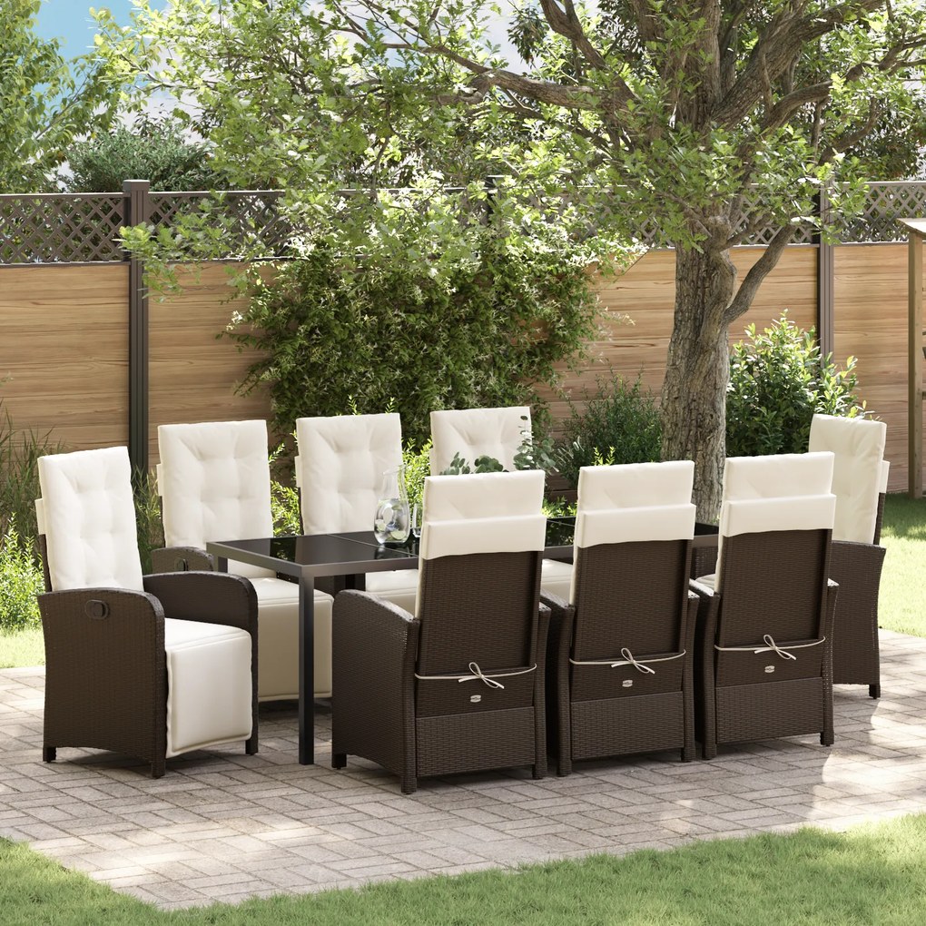 Conjunto de Jantar de Jardim vidaXL 9 Peças com Almofadas Castanho Rattan PE