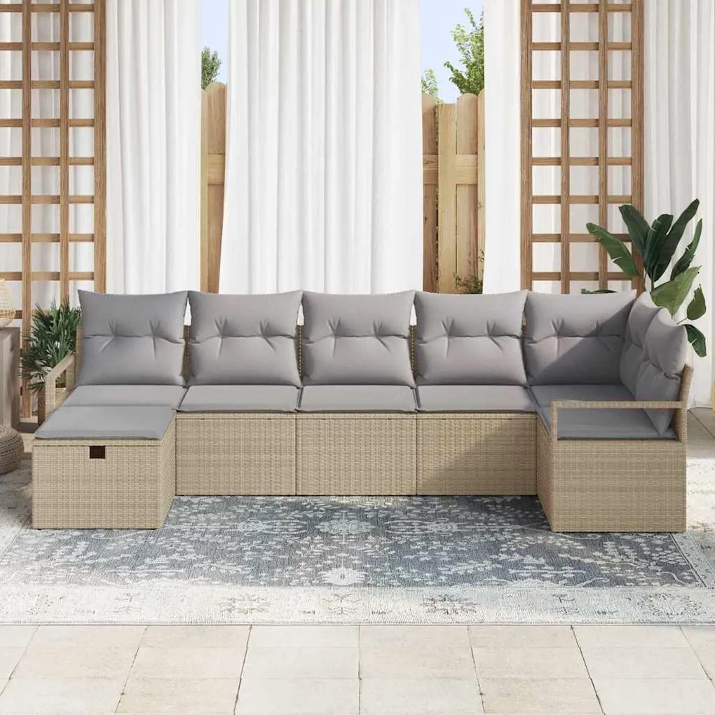 Conjunto de Sofá para Jardim de 7 Peças com Almofadas Bege Vime PE