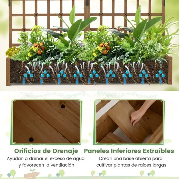 Floreira de jardim elevada em madeira 180 x 48 x 183 cm, com treliça, teto suspenso, 2 caixas, tabuleiro removível, plantas trepadeiras, flores, café