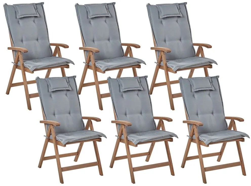 Conjunto 6 cadeiras de jardim em madeira escura de acácia e almofadas cinzentas AMANTEA Beliani