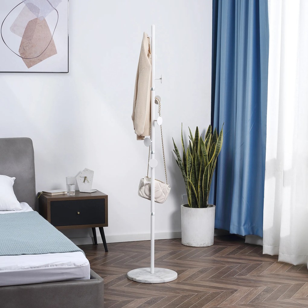 HOMCOM Cabideiro de Pé Cabideiro para Roupas com 8 Ganchos para Pendurar Bolsas Chapéus com Base de Mármore para Dormitório Corredor Entrada 35x35x170cm Branco